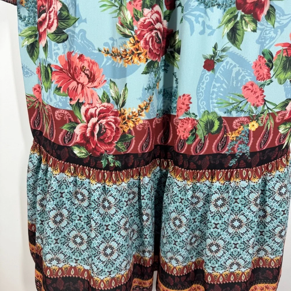 Alice + Olivia Blue Floral Boho Dress Size XS Ruffle Sleeve Tie Neck - Picture 10 of 16
